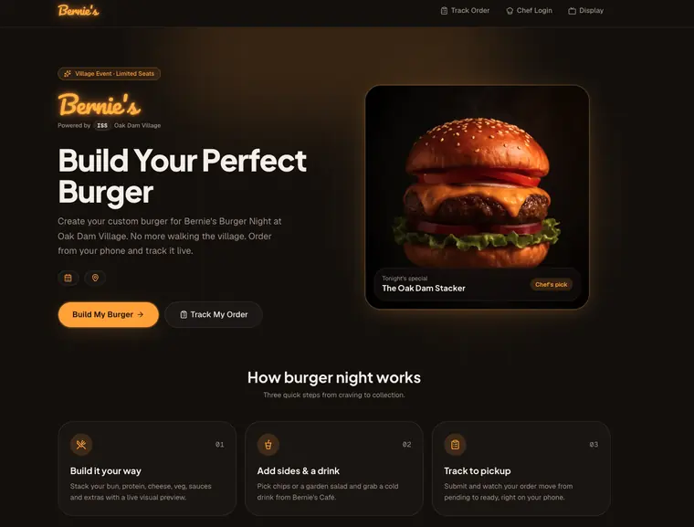 Bernie’s dark burger website with a featured burger and orange accents