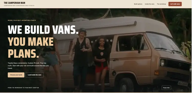 The Campervan Man homepage showing a campervan conversion project